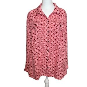 Kim Rogers Coral Black Full Button Blouse Top Shirt 2X Business Casual Geometric